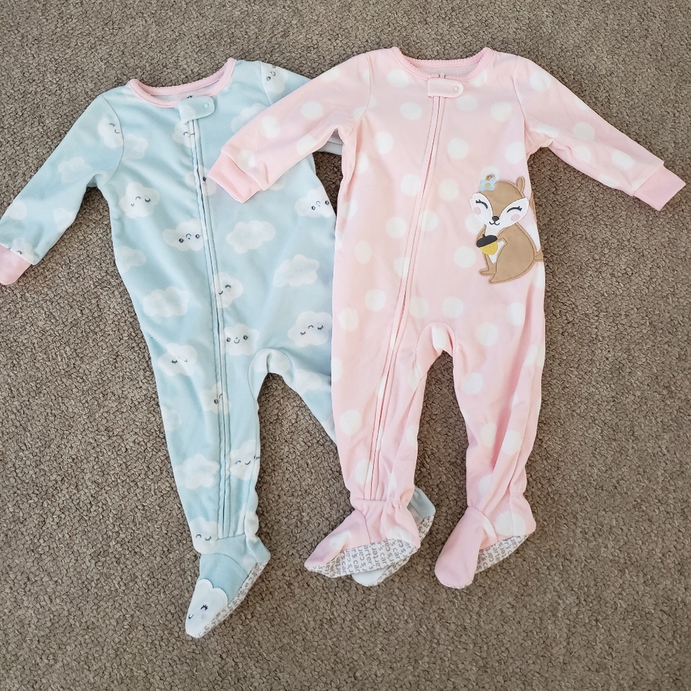 Set of 2 Baby Girl Fleece Sleeper Pajamas 12 Months Warm Sleep Play NEW